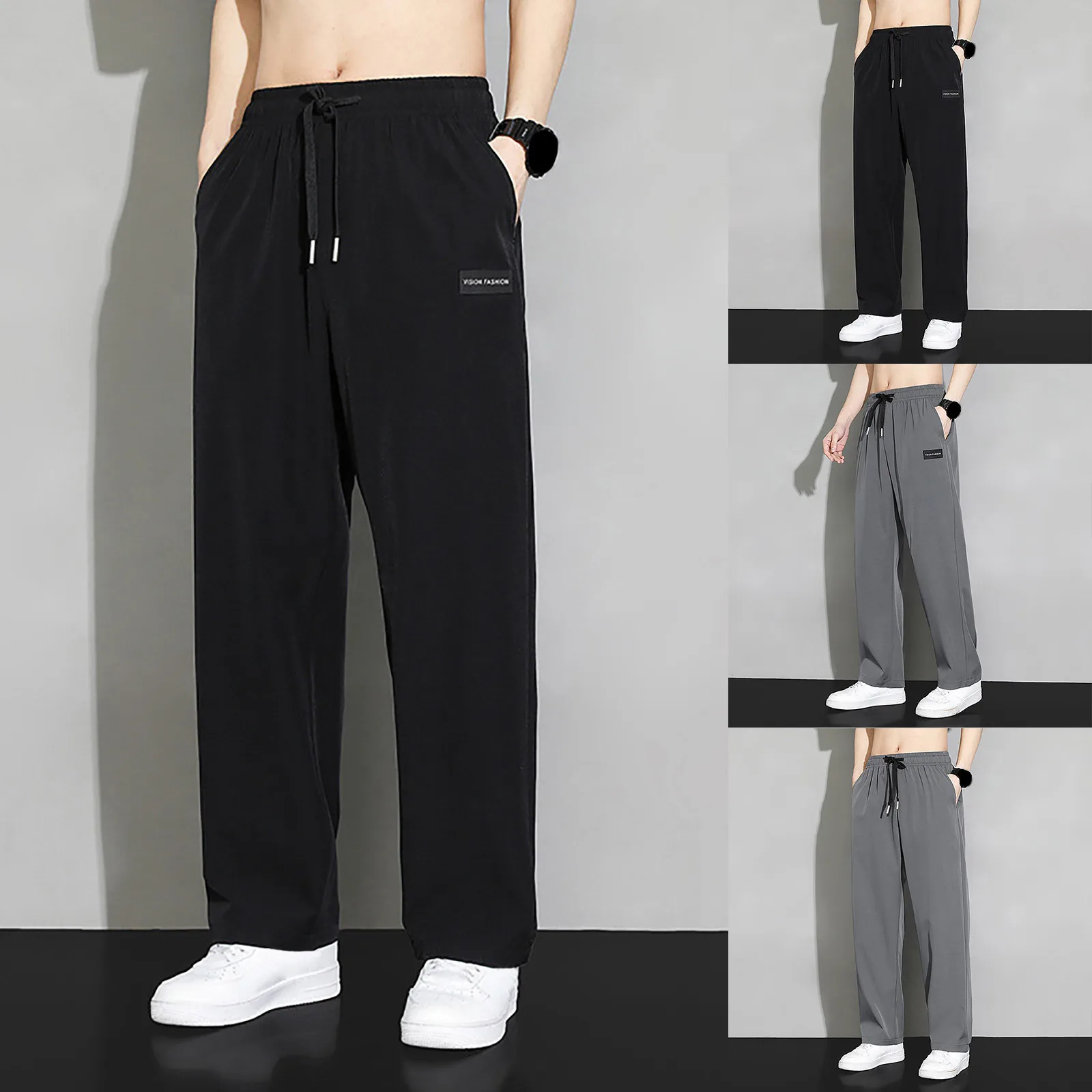 Men Pants Casual Pant Men Solid Baggy Wide Leg Pants Ankle Length Elastic Waist Loose Straight Trousers Tracksuit Bottoms Large Size