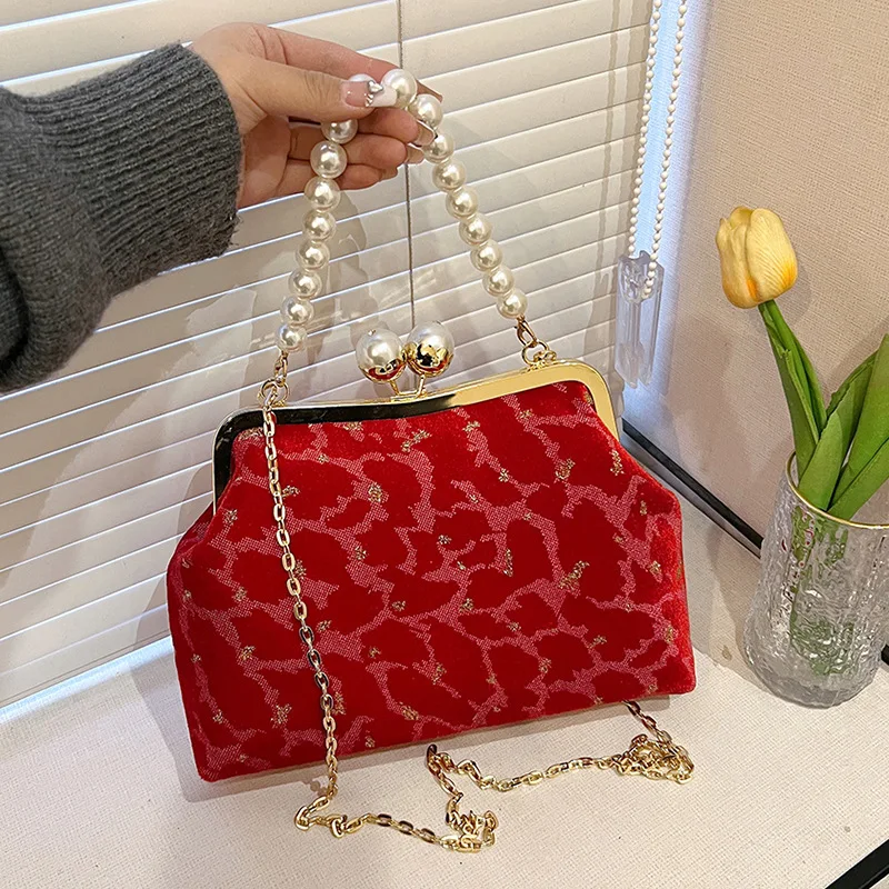 Retro Green Velvet Seashell Evening Bag For Women Classic Fashion Prom Party Handbags Chain Shoulder Bags Crossbody Small Clutch