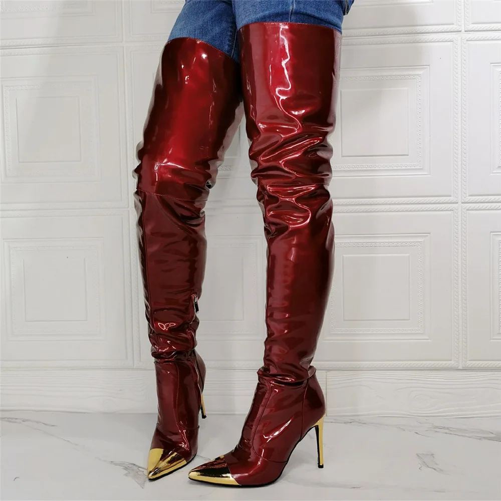 

Patent Leather Over The Knee Boots Pointed Toe Stiletto Heels Botas Side Zipper Party Shoes Winter New Sexy Zapatos Mujer