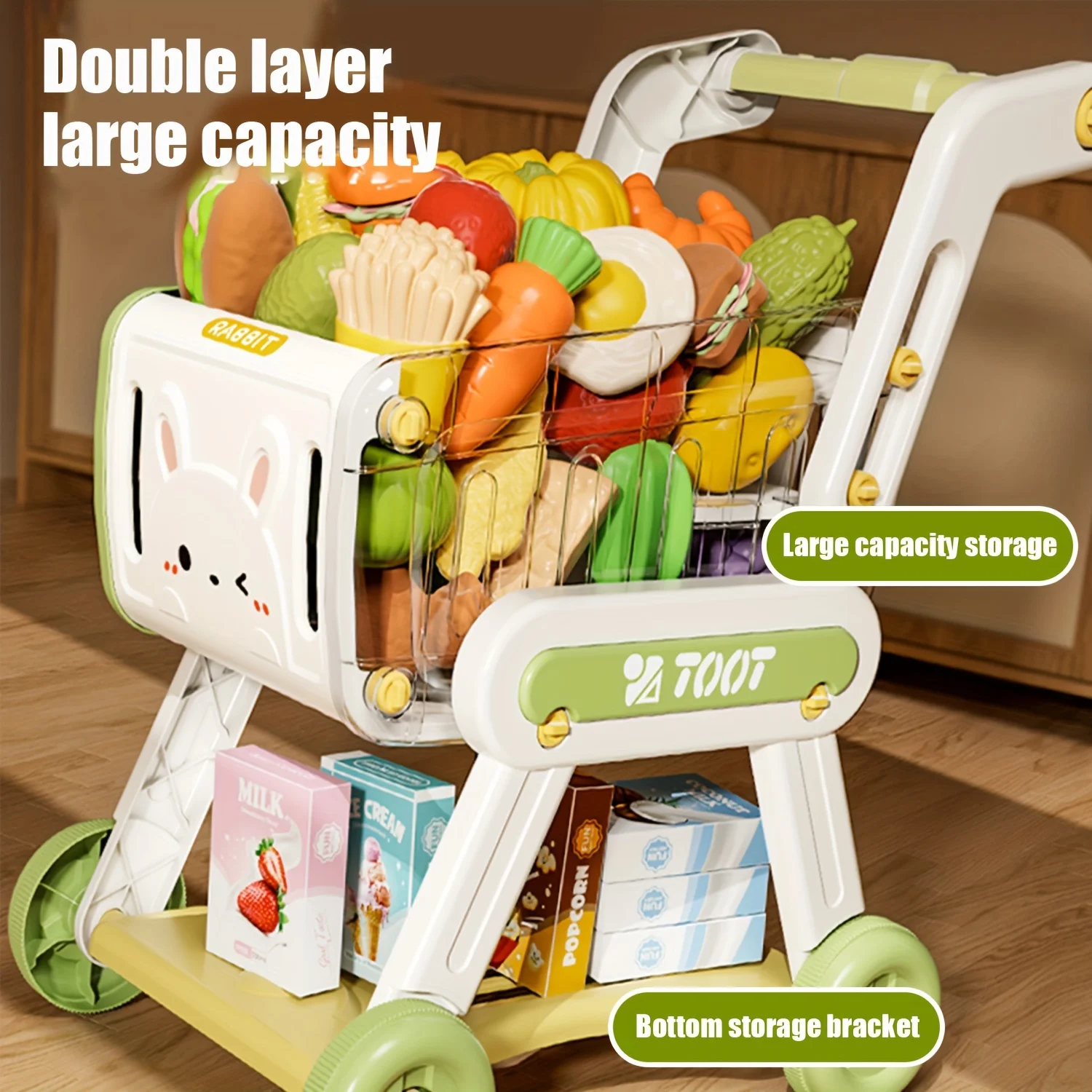 32pcs Kids Shopping Cart, Trolley Play Set with Pretend Food Fruit Vegetable Snack and Accessories, Toy Shopping Cart Trolley 3