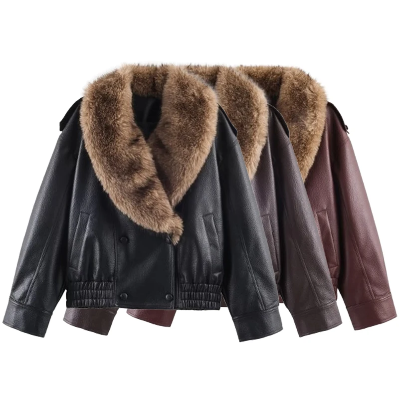 Winter Women Faux Leather Jacket Fashion Detachable Fur Collar Double-Breasted Oversized Coat Streetwear Casual New Outerwear