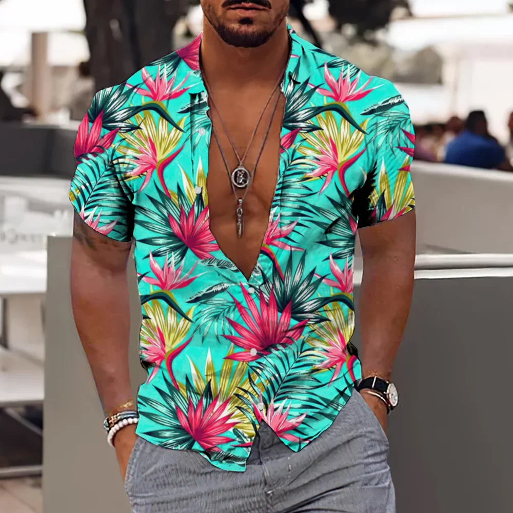 

Men's Hawaiian Floral Shirt, 3D Leaf Graphic Clothing, Extra Large Short Sleeve Top, Beachfront Clothing, Street Blouse, New