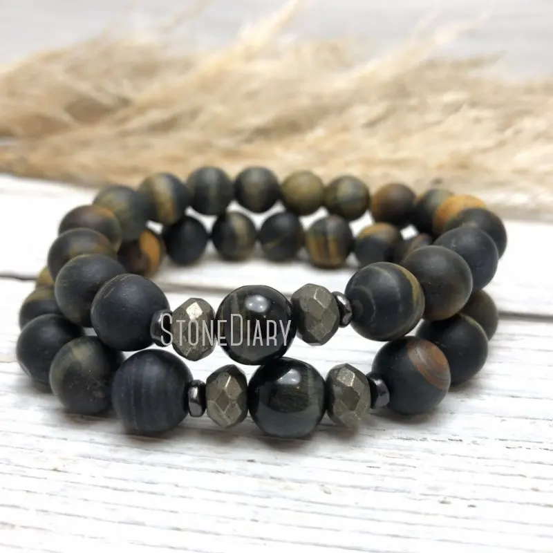 

WMB31446 Semi Matte Dark Blue Tiger Eye Pyrite Wrist Mala Healing Stone Prayer Beaded Inspired Bracelet