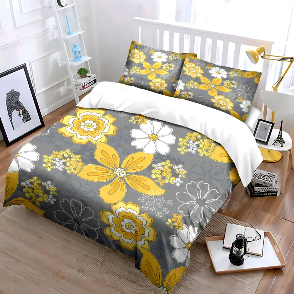 Yellow White Floral Seamless Bedding Set,Minimalist Grey Background Flower Print 1 Duvet Cover 2 Pillowcase,Soft Microfiber 3PC 4