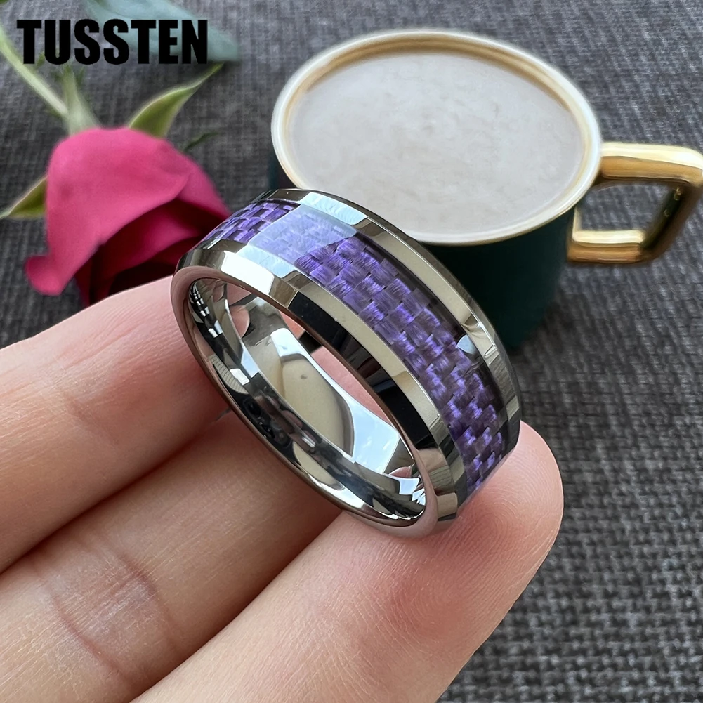 TUSSTEN 6/8MM Classic Tungsten Wedding Band Ring For Men Women With Purple Carbon Fiber Inlay Bevel Polish Comfort Fit