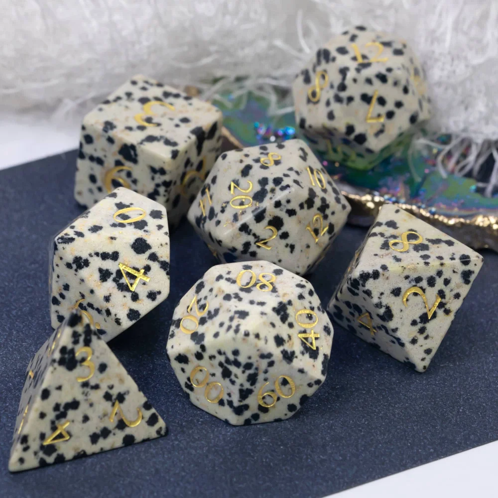 

Cusdie Black Spot Stone Dice DND, 7Pcs Handmade 16mm Polyhedral Dice Set with Leather Box, Gemstone D&D Dices for Collection