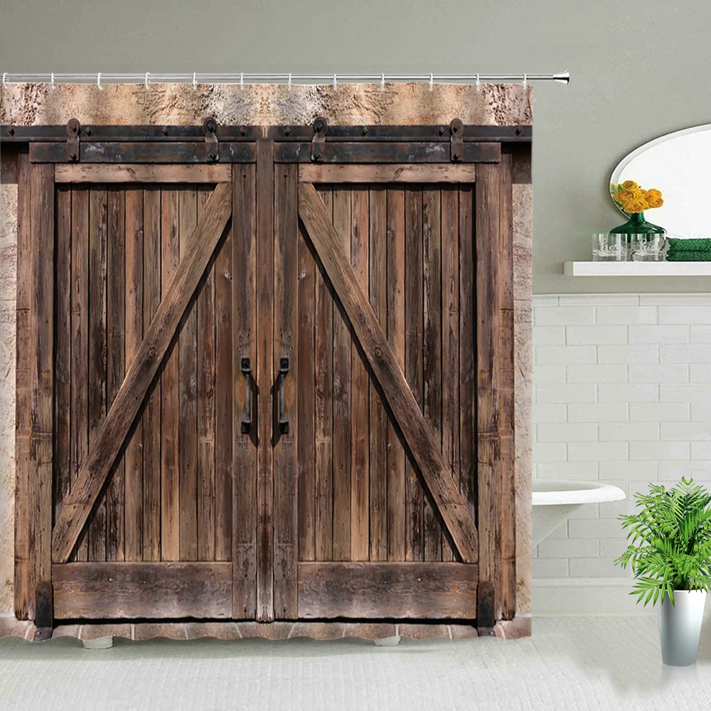 

Retro Wood Doors Shower Curtain Set Rustic Old Vintage Barn door Fabric Bathroom Curtains Farmhouse Bath Decor Bath Screen Hooks