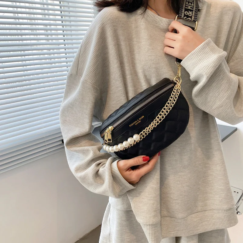 Luxury pearl Beading Chain Waist Bags For Women Diamond Lattice PU