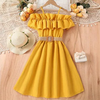 7-12 Years Elegant Evening Prom Dress Kids Summer Solid Color Ruffles Formal Pageant Princess Dress Girls Swing Dress With Belt 4