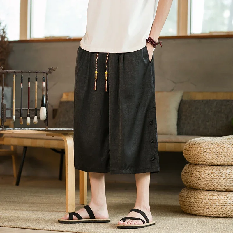 Japanese Samurai Pants Men Kimono Silk Loose Shorts Casual Harajuku Mens Calf-Lenght Pant Yukata Wide Leg Trousers Plus Size 5XL 4