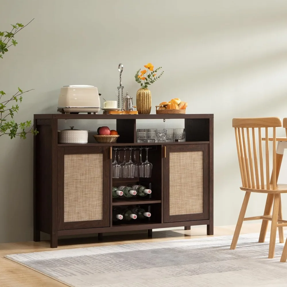 Rattan Coffee Bar Cabinet, 51" Sideboard Buffet Cabinet with Storage, Farmhouse Liquor Cabinet with Wine Racks Credenza Console