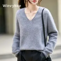 WinvyNee Winter Women's Clothing Tops Brushed Wool V Neck Gray Warm Causal Sweaters Soft Solid Knitted Pullover Jumpers A1713002