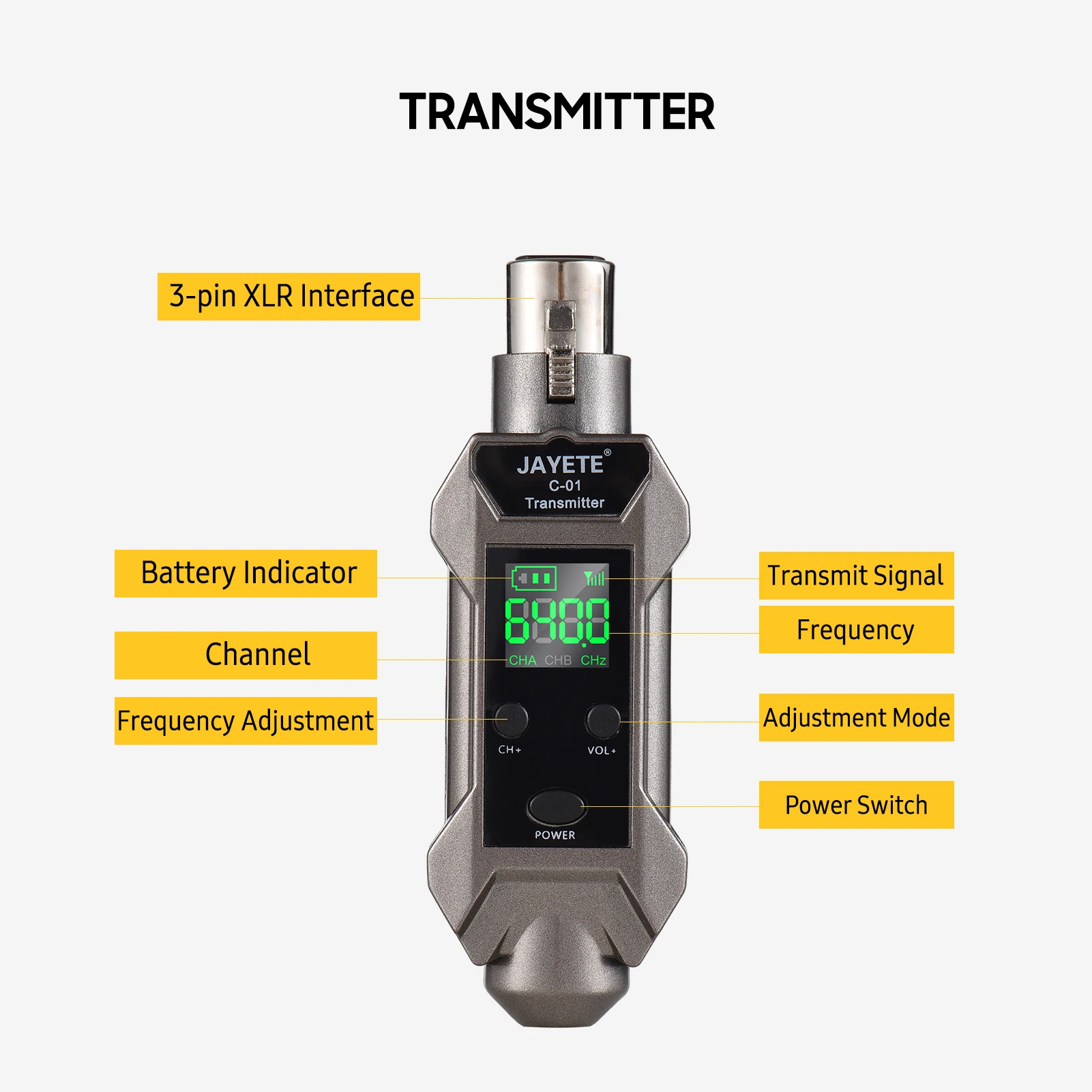UHF Wired to Wireless Microphone Converter Transmitter Receiver 500~980MHz Receiving Transmission with 48V Phantom Power 30~50M