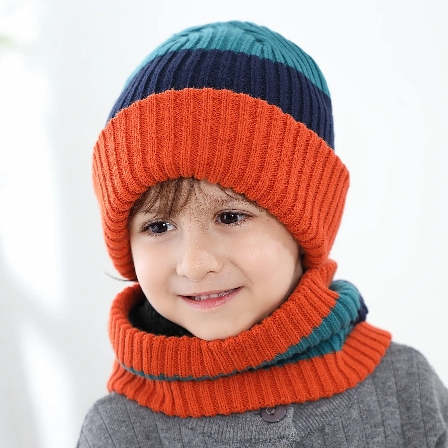 Winter Hat Scarf Set for Child 2022 Striped Beanies Hats for Girl Boy Solid Color Knit Thick Beanies Scarves Set for Girl Kids