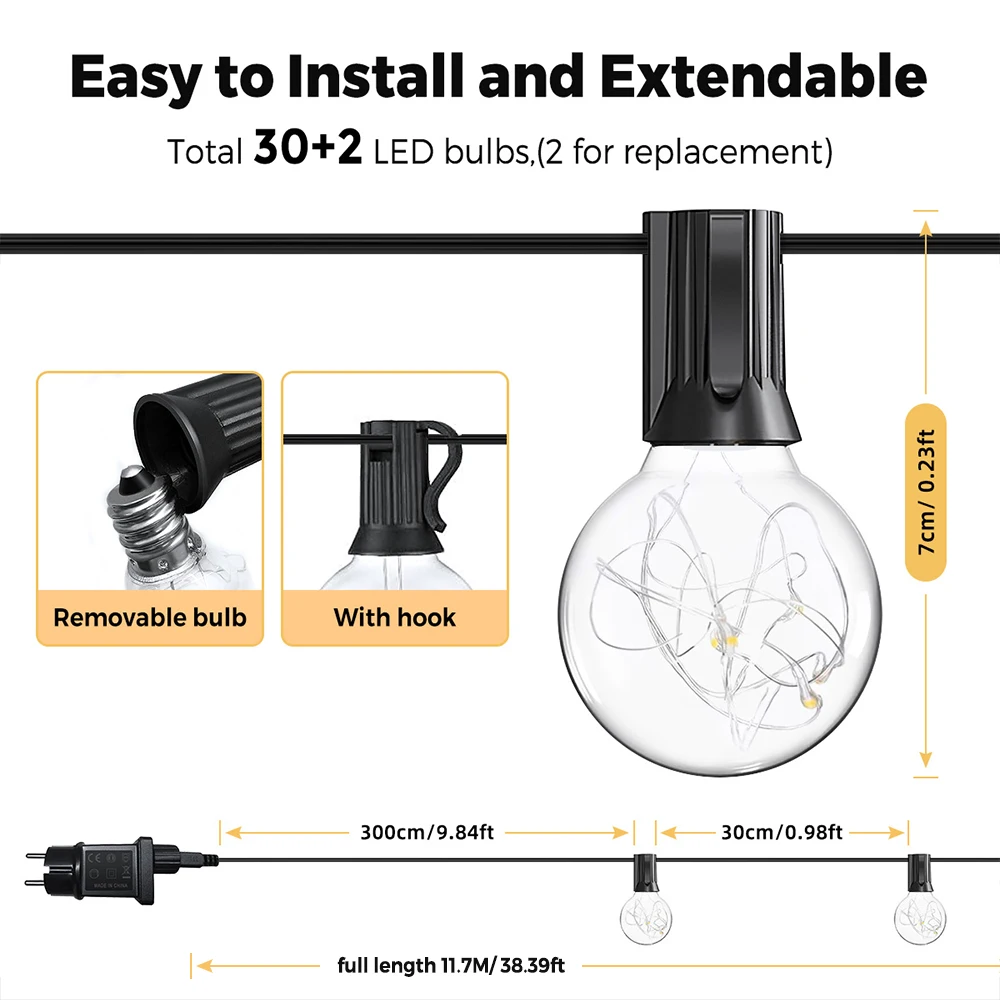 11.7M 32bulbs Outerdoor String light ,LED G40 Ball String Lights 8 mode Waterproof Outdoor Garden Garland Lights