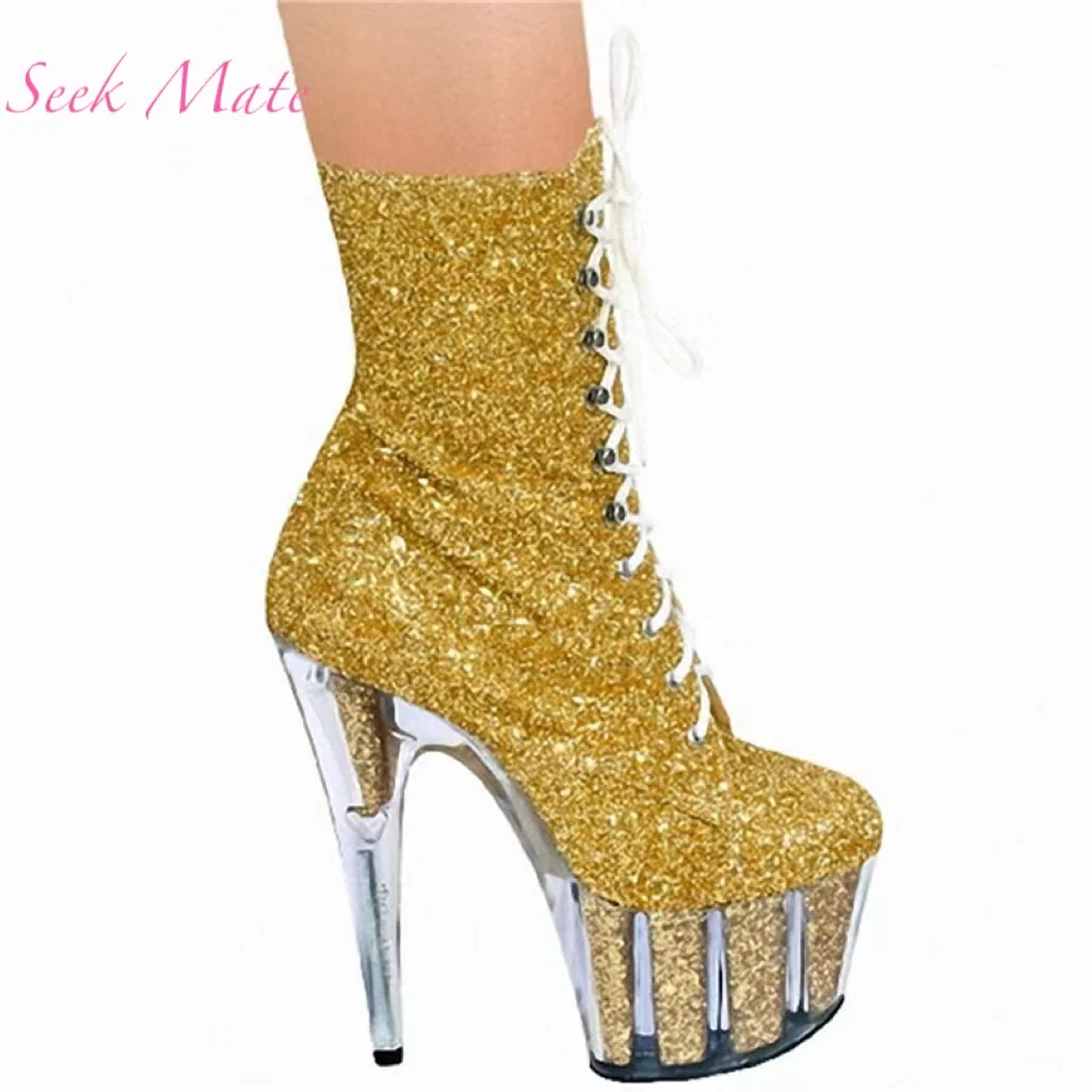 

Сексуальные ботинки Seek Mate на очень высоком каблуке 15 см, высокие ботинки для мужчин и женщин, ботинки на шпильке для ночного клуба