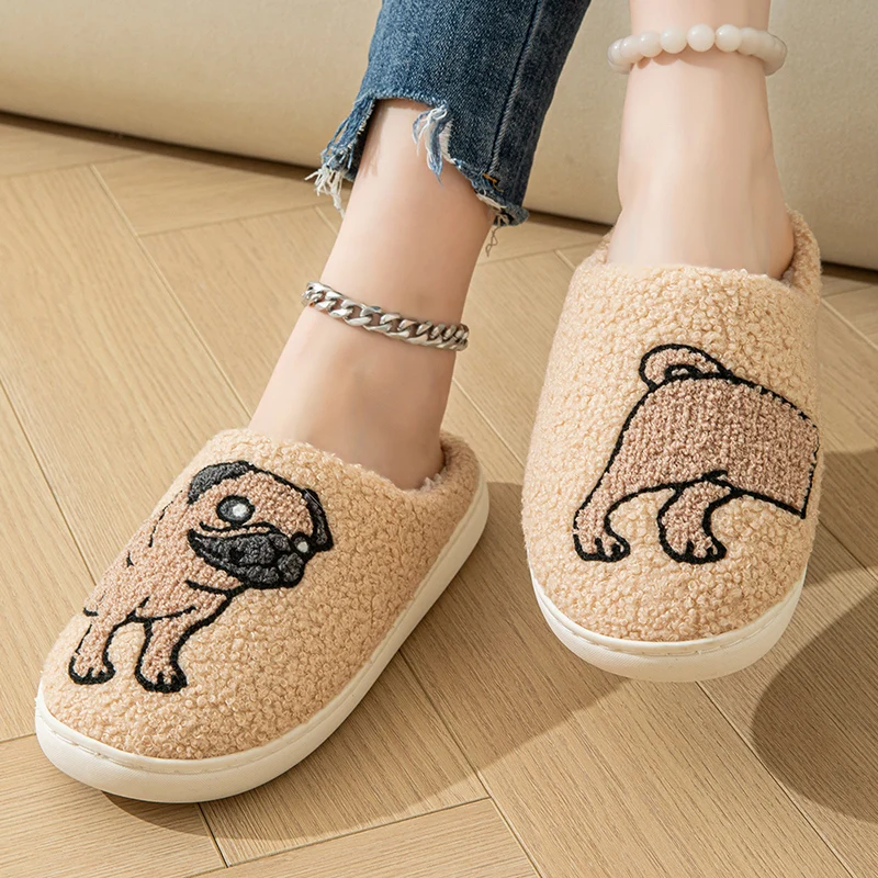 Patchwork Dog Home Fluffy Slippers Women Winter Light Flat Warm Plush Slippers Woman Comfort Soft Sole Non-slip Cotton Slides 6