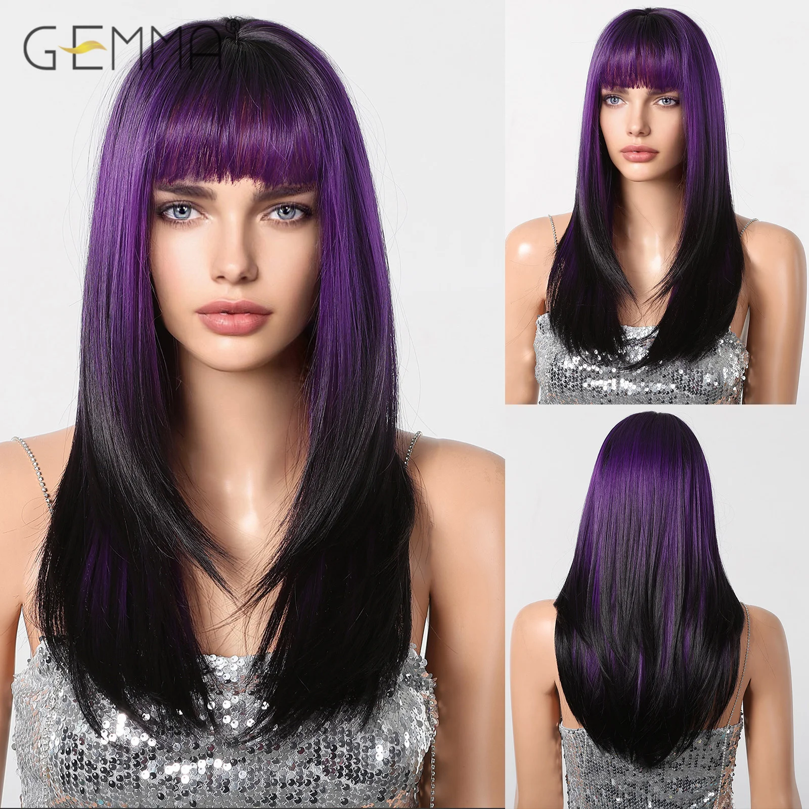 Ombre Dark Purple Wig with Bangs Synthetic Long Straight Purple