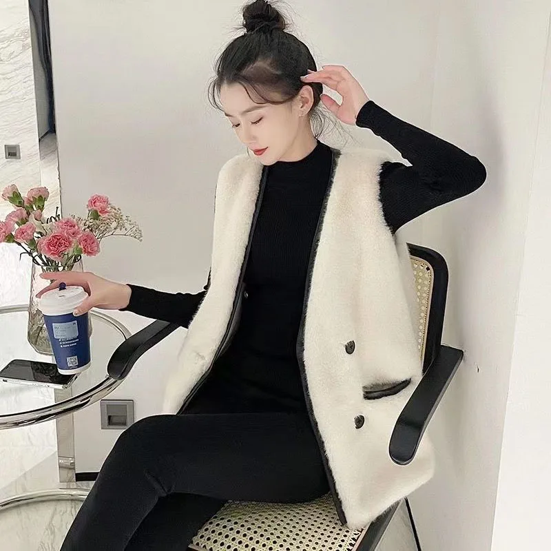 

Imitation Mink Fur Grass Vest 2024 Spring and Autumn V-neck Mid length Cardigan Solid Color Cashmere Tank Top