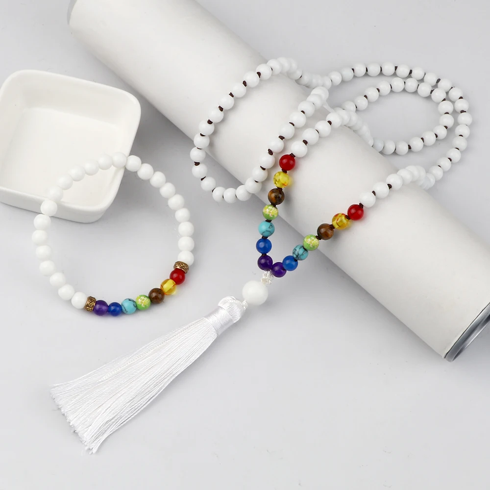 Anti-Anxiety Mala Beads 108 Natural Stones White Jade 7 Chakras Meditation  Necklace & Tassel