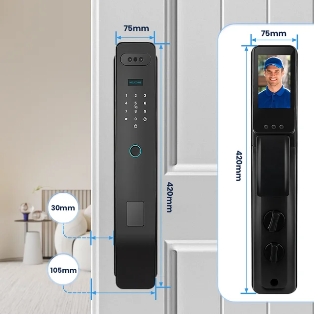 Facial Recognition Automatic Door Lock TUYA Front Door Fingerprint Smart Lock Digit Camera Visible Inner Screen 6
