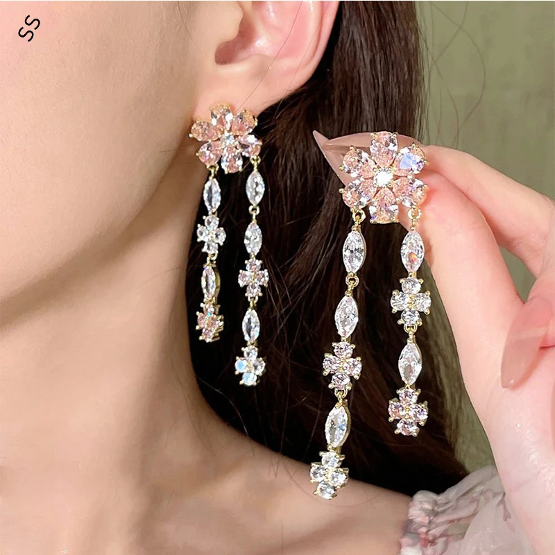 

Sweet Girl Fashion Jewelry&Accessory Pink Gemstone Zircon Flower Earrings for Women Daily Dresses Matched Copper Inlaid Diamond