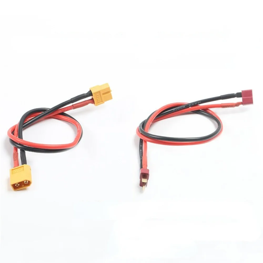 Vue d'ensemble du câble de batterie RC 14AWG 30cm, montrant les deux connecteurs XT60 et T Plug, câble souple.