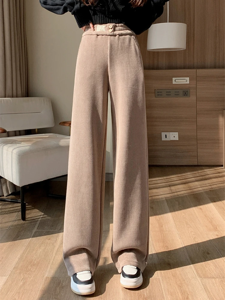 

Women's Elastic High Waisted Straight Corduroy Pants Autumn Winter New Chic Commuting Style Female Casual Wide Leg Warm Trousers