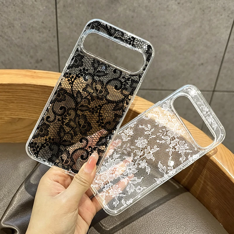 Luxury White Black Lace Floral Phone Case - Clear Cover