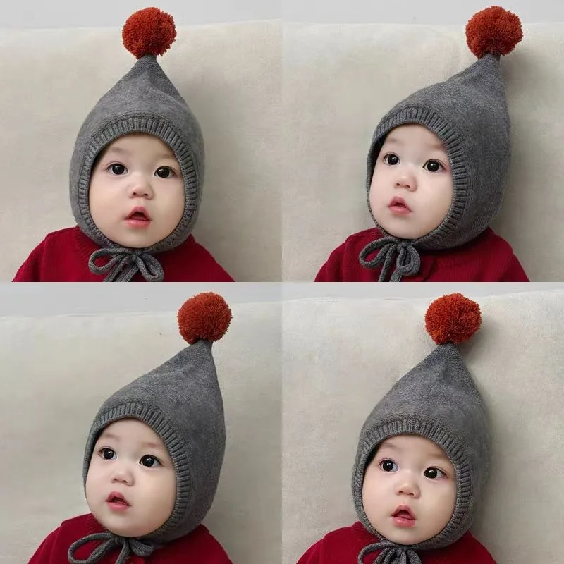 Autumn-Winter Baby Hat Adorable Pom-Pom Knitted Earflap Hat Unisex Tie-Back Warm Pointy Baby Wool Hats Winter Hats Accessories