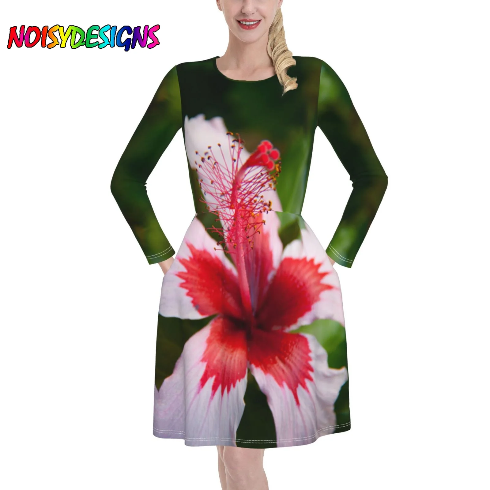 

NOISYDESIGNS Flower Style Women Fashion Dress Hibiscus Blossom Printing Casual Elegant Long Sleeves Dresses Dropshipping