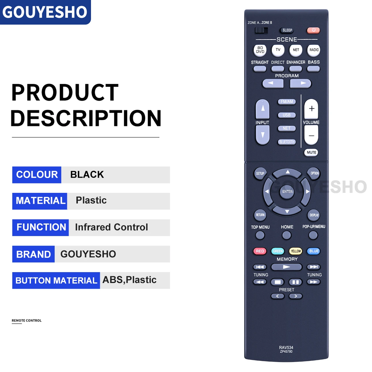 TCNOUMT Nuovo telecomando di ricambio RAV534 ZP45780 per sistemi audio Yamaha HTR-3069 HTR-4072 HTR-4068 HTR-5069 RX-V479 RX-V481 RX-V483 RX-V485 RX-V579
