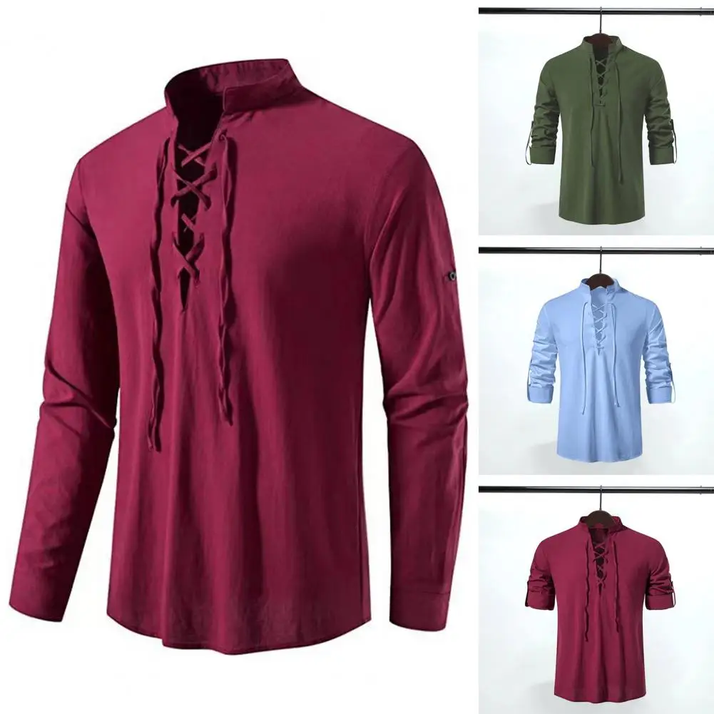 

Stand Collar Men Shirt Vintage-inspired Men's Slim Fit Tops with Stand Collar Lace-up Detailing for Casual Stylish Look Solid
