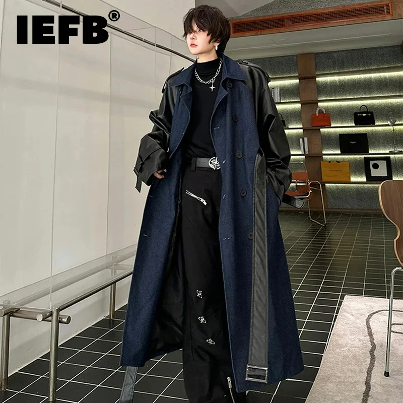

IEFB New Fashion Men's Woolen Coat Double-breasted Lace-up Denim Splicing PU Leather Trench Coats Winter Male Outewear 9C3588
