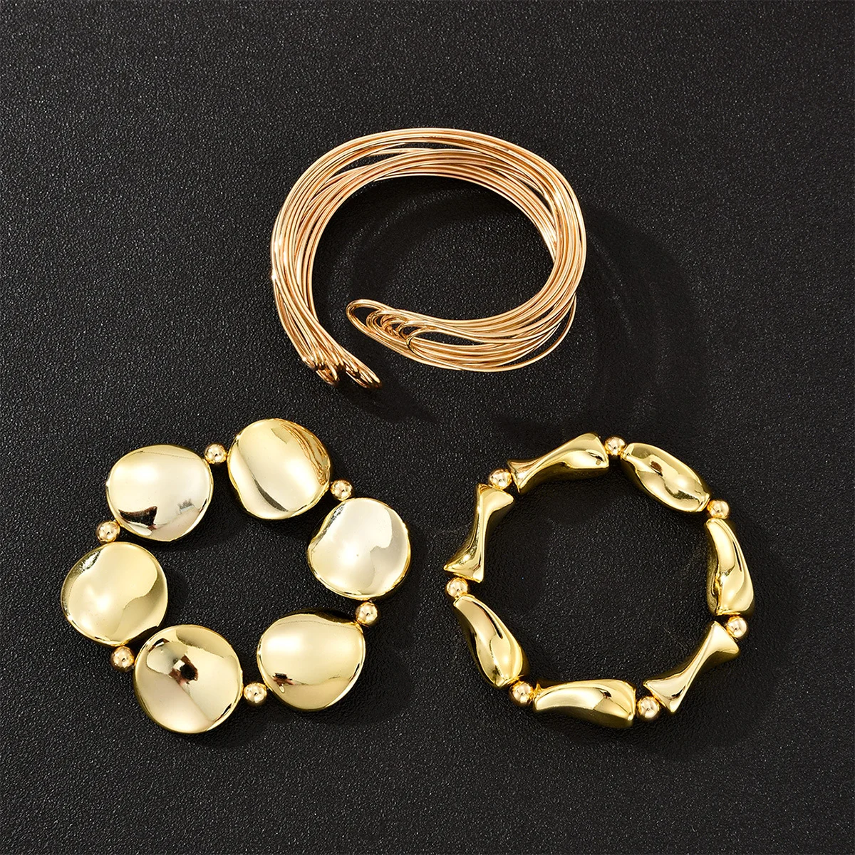 3 Pcs Exaggerated Beaded Bracelet for Women Punk Vintage CCB Gold Color Geometric Opening Cuff Wide Bracelet Jewelry Accessories