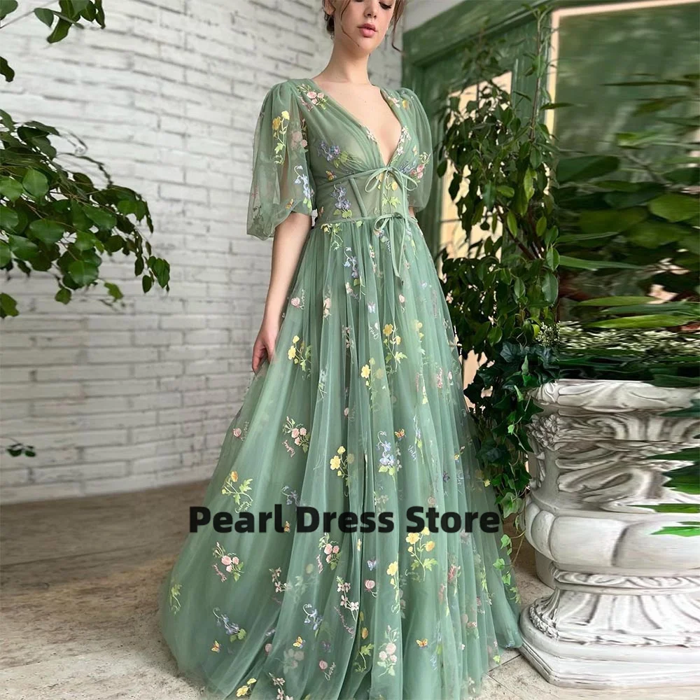 

Green Embroidered Lace Prom Dress Bubble Sleeve A-line Wedding Party Dress Backless Tulle Evening Dress 2023