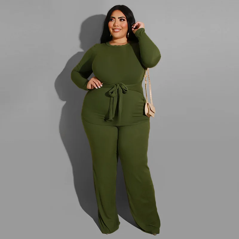 Plus Size Women Sets Long Sleeve Bandage Shirt and Wide Leg Pant 2022 Autumn Fashion Two Piece Set Sexy Lady Tracksuit Wholesale
