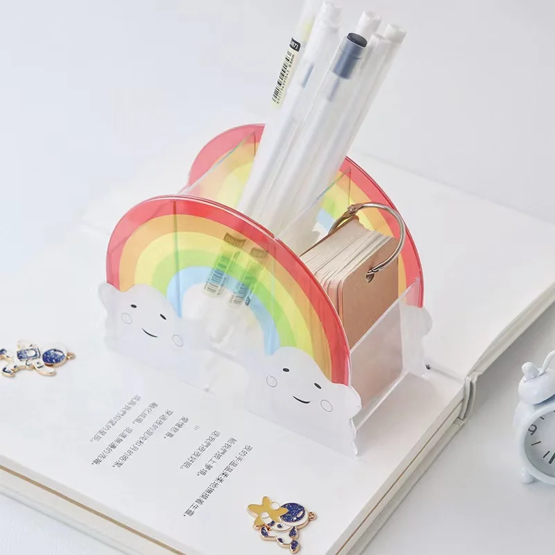 

Rainbow Desktop Pen Holder Kawaii Stationery Makeup Brushes Lipstick Pens Office Storage Box High capacity Organizer