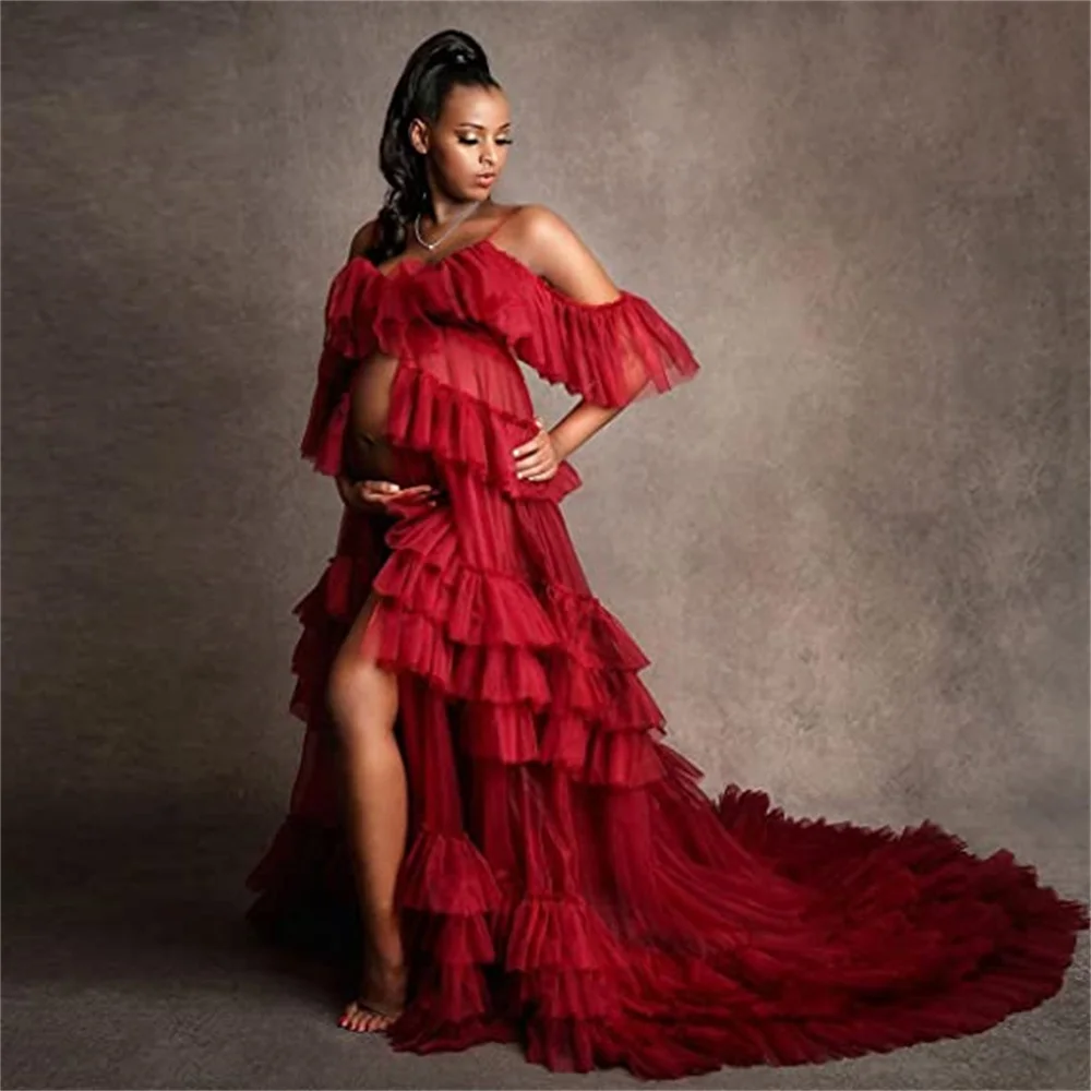

Fluffy Ruffles Maternity Gown for Photoshoot Sheer Tulle Maternity Dress for Baby Shower Dressing Gown