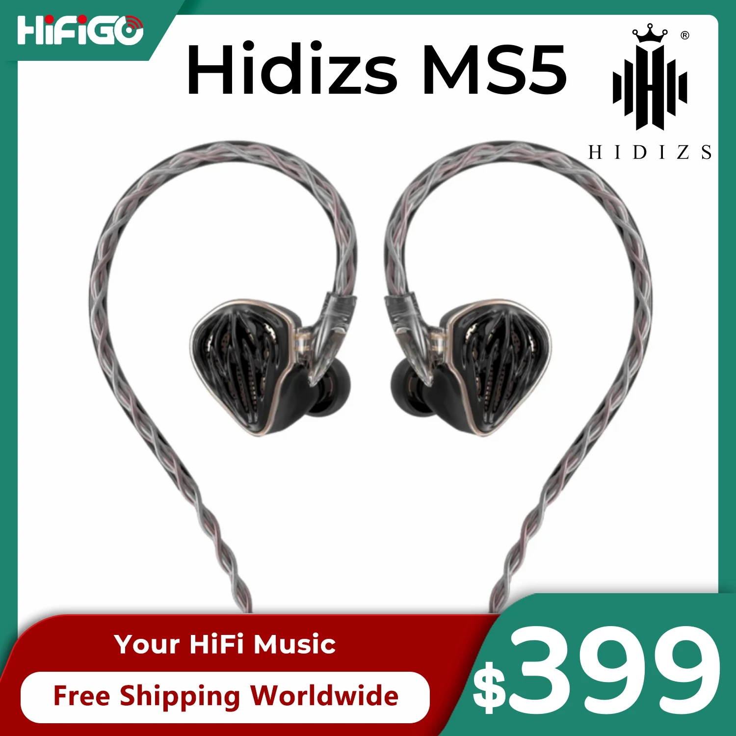 

Hidizs MS5 Flagship 4BA+1DD Hybrid IEMs HiFi In-Ear Monitor Earphone with 2 Detachable Cable & 3 Pairs Replaceable Tuning Nozzle