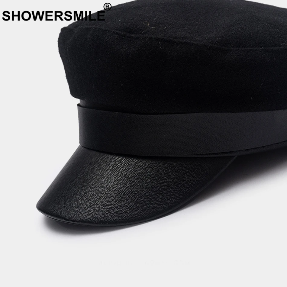 SHOWERSMILE Wool Newsboy Caps Winter Black Captain Hat Women Leather Flat Caps Ladies Elegant Classic British Baker Boy Cap