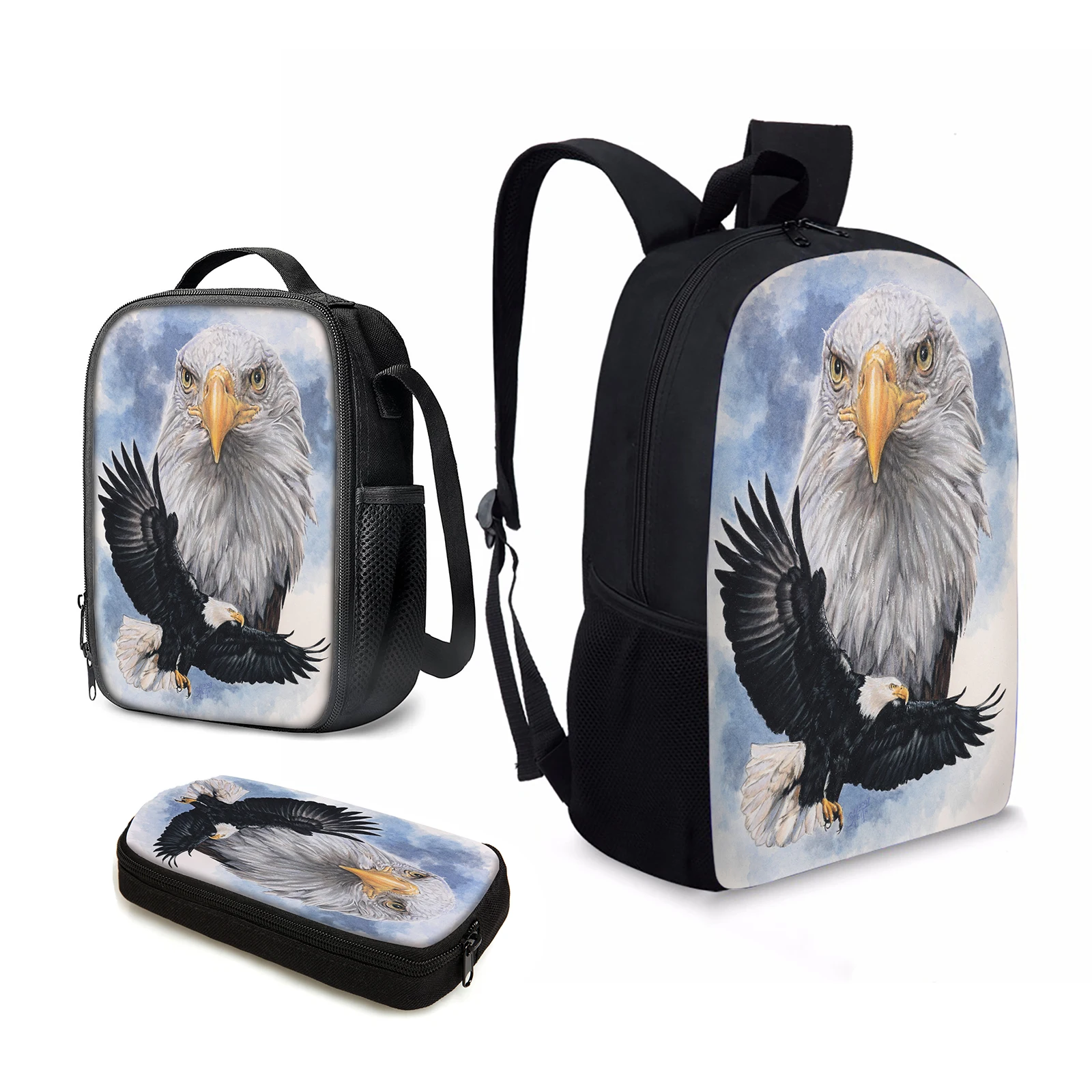 

YIKELUO Cool3D Eagle Print Durable Backpack Insulated Lunch Bag With Zipper Animal Print Student Textbook Knapsack Pencil Case