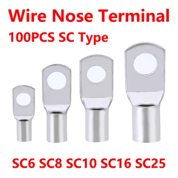 100pcs SC Type Wire Nose Terminal SC6 SC8 SC10 SC16 SC25 Bare Copper Battery Block Cable Lugs Hole 6mm 8mm 10mm Crimp Connector