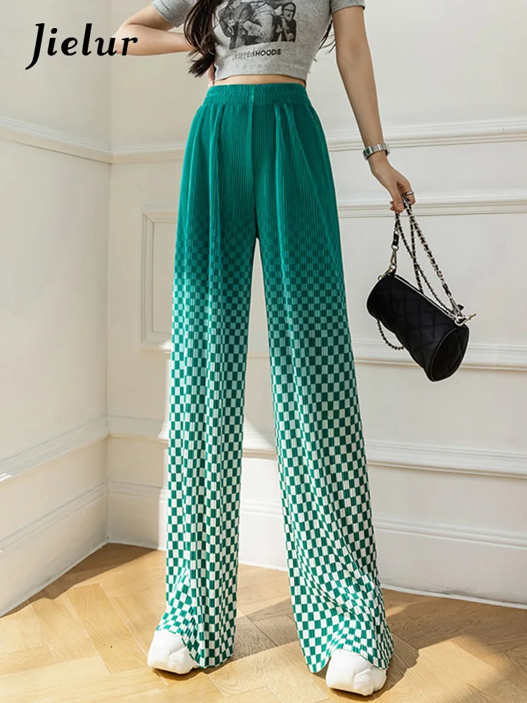 

Jielur Spell Color Checkerboard Plaid Black Green Pants Women Summer New High Waist Loose Casual Long Pants Sports Trousers S-XL