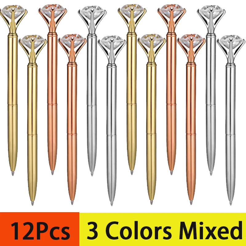 

12Pcs Big Crystal Diamond Pens Gold Metal Ballpoint Pens in Black Ink
