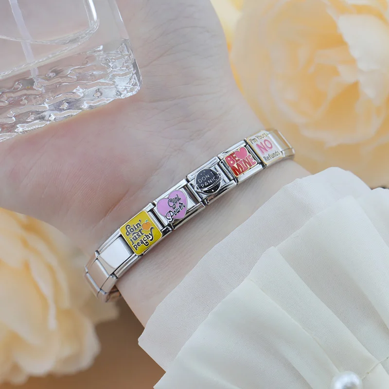 Hapiship 2024 Fashion Drama Queen Key Lock Love Heart Italian Charm Links Fit 9mm Bracelet Stainless Steel DIY Jewelry DJ1147