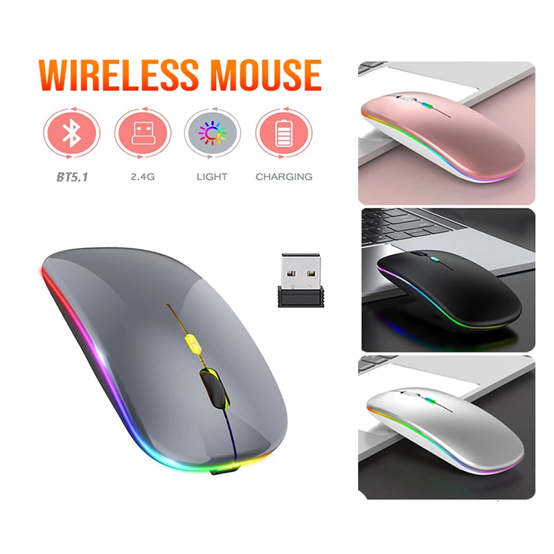 Bluetooth5.1 Mouse Wireless Con Mouse Rgb Ricaricabile Usb Per Computer Laptop Pc Macbook Gaming Mouse Gamer 2.4Ghz 1600Dpi
