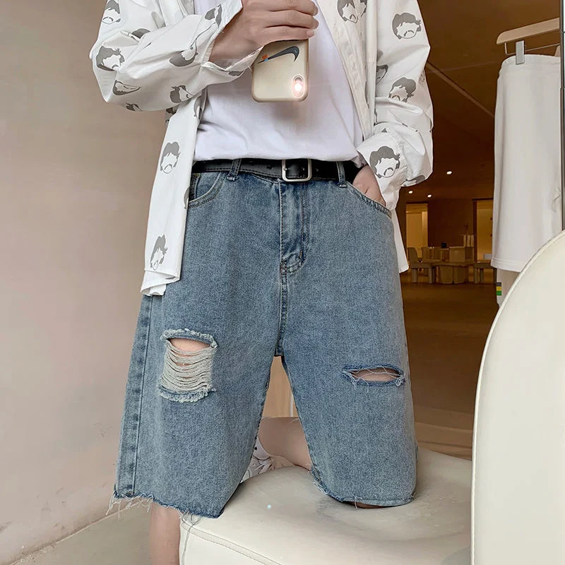 

Ripped Five-point Jeans Washed Blue Raw Edge Fashion Street Casual Shorts Oversize Straight Wide Leg Denim Pants Summer Trend