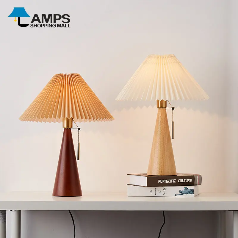 

Vintage Pleated Wooden Night Light Creative Table Lamp Study Bedroom Lamp Decor Off White Lampshade E27 Beside Lamp