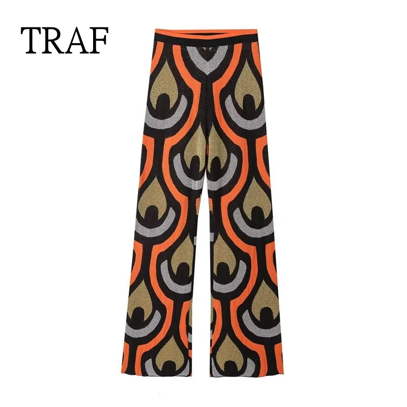 

TRAF Jacquard Knit Pants For Women 2024 Vintage High Waist Wide Pants Woman Clothing Long Trousers Female Loose Casual Pant Set